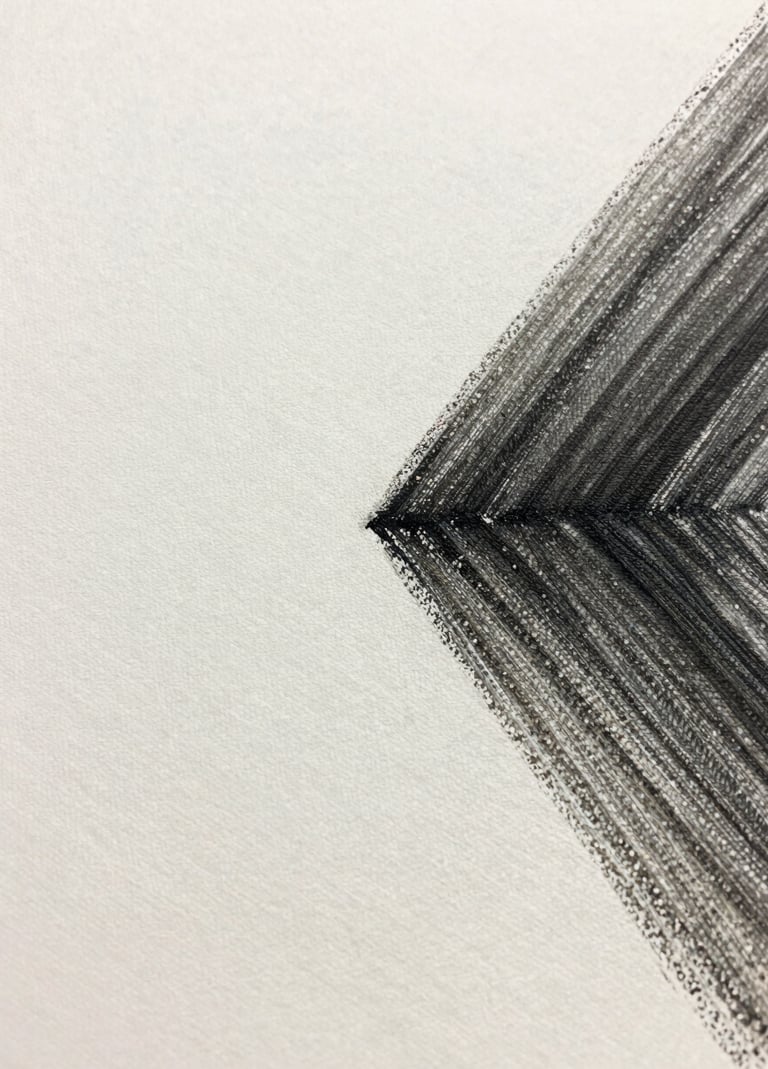 A detailed zoom of the upper corner of a canvas, where the painting transitions into soft off-white space. The image shows the delicate, dry-brush technique used with olive charcoal paint, captured with crisp, professional clarity.