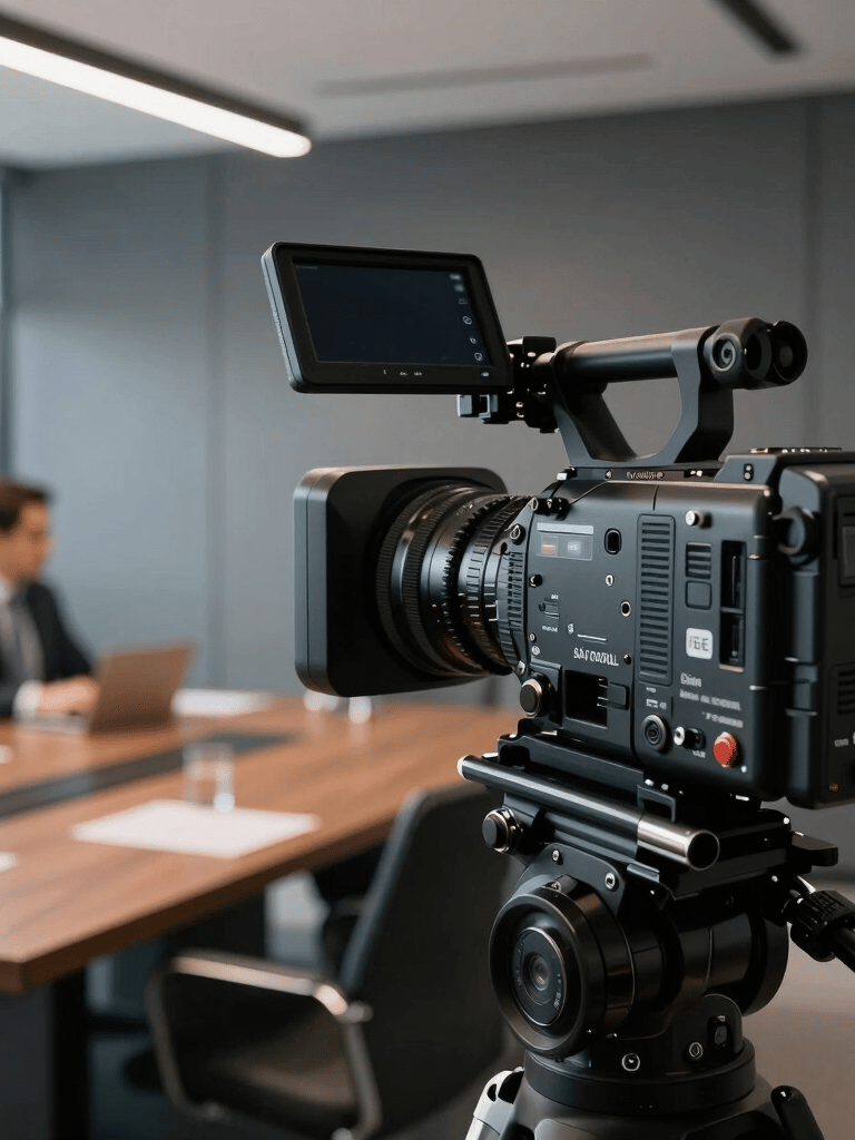 A close-up of a high-end cinema camera capturing a corporate boardroom meeting in a modern São Paulo office. Minimalist grey and black interior, natural lighting, sharp focus on the camera's technical details, professional Brazilian atmosphere.