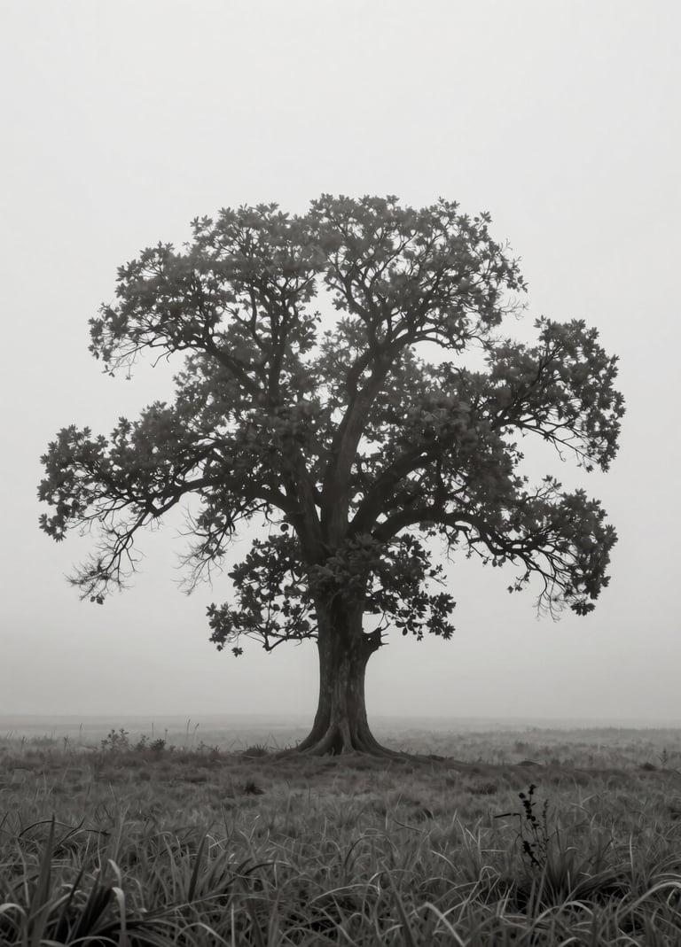 A minimalist wide shot of a lone, ancient tree in a misty field, captured with high-quality artistic precision. The composition is clean and evocative, featuring a palette of #6B625E and #AEAEA7. The lighting is soft and ethereal, reflecting a sense of timeless elegance.