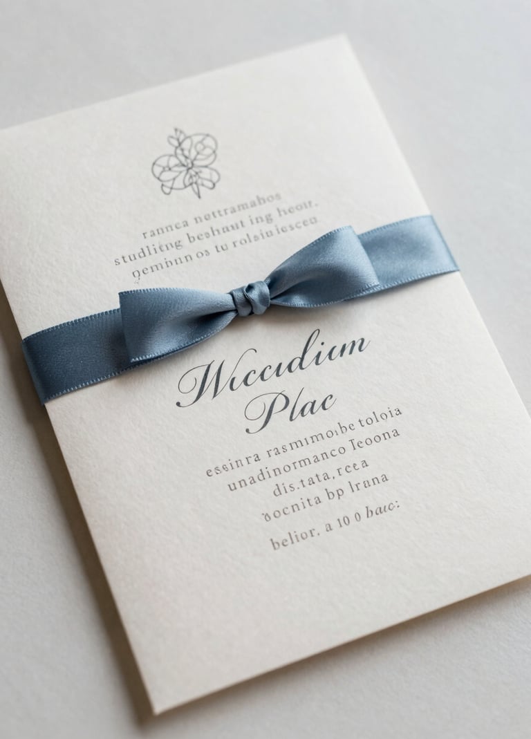 A close-up photograph of a luxury wedding invitation suite on handmade off-white paper with elegant charcoal typography and a silk ribbon in muted blue, set against a clean minimalist background, Hispanic / Spanish-speaking wedding stationery style.