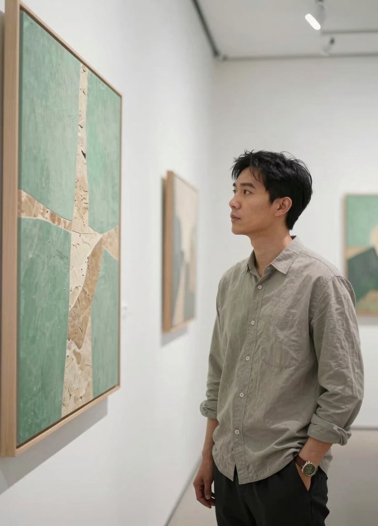 A portrait-oriented photograph of the artist standing next to their work in a bright, modern International / Global gallery. The artist is dressed in professional, minimalist attire, looking thoughtfully at the vibrant sage green and warm stone patterns.