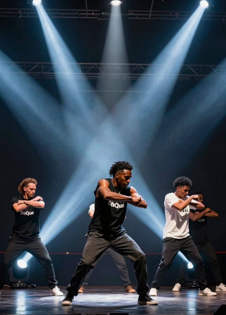 A vibrant photography shot from a North American / US stage, focusing on the intersection of movement and light. Bold beams of muted blue light cut through the air as the performer delivers a vogue-inspired choreography, capturing the essence of the Alahji DáQuan brand.