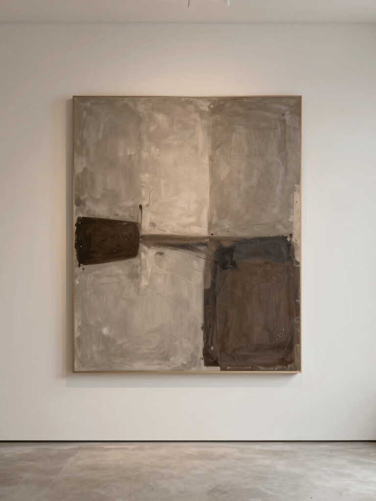 A moody, wide-angle shot of a minimalist home gallery in an International / Western setting. A single large canvas with an abstract design in taupe and muted brown hangs on a cream-colored wall. The composition is clean and sophisticated, reflecting a professional artistic journey.
