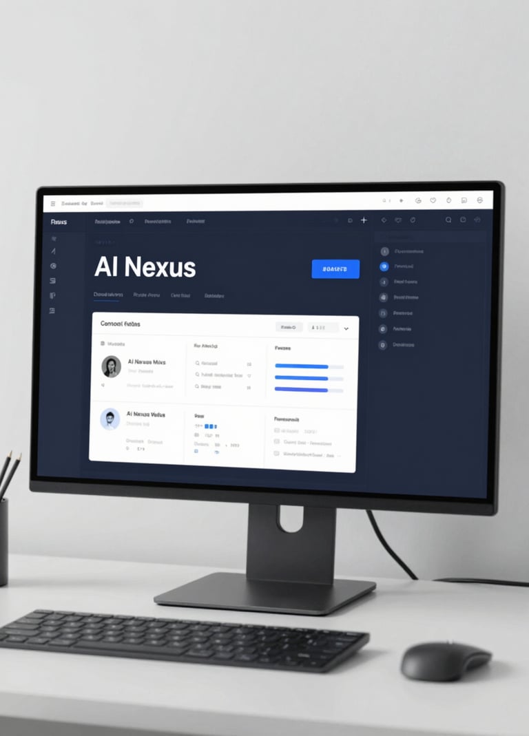 A desktop setup in a minimalist office, the monitor displaying the main AI Nexus control panel with high-contrast UI elements in #0A1118 and #E6EFF5.