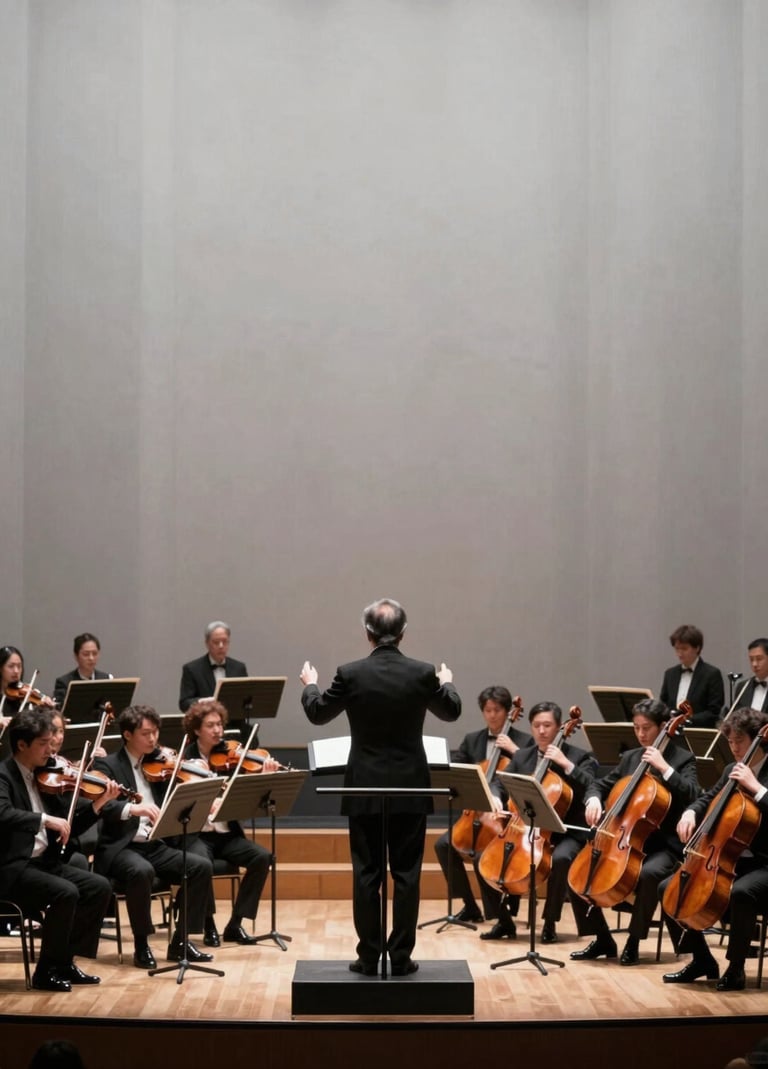 A wide shot of the tenor performing on a grand stage with a full philharmonic orchestra. The conductor is seen in silhouette against warm stage lights. The color palette is dominated by anthracite (#262626) and light grey (#F2F0EB) tones, exuding a sophisticated and grand atmosphere.