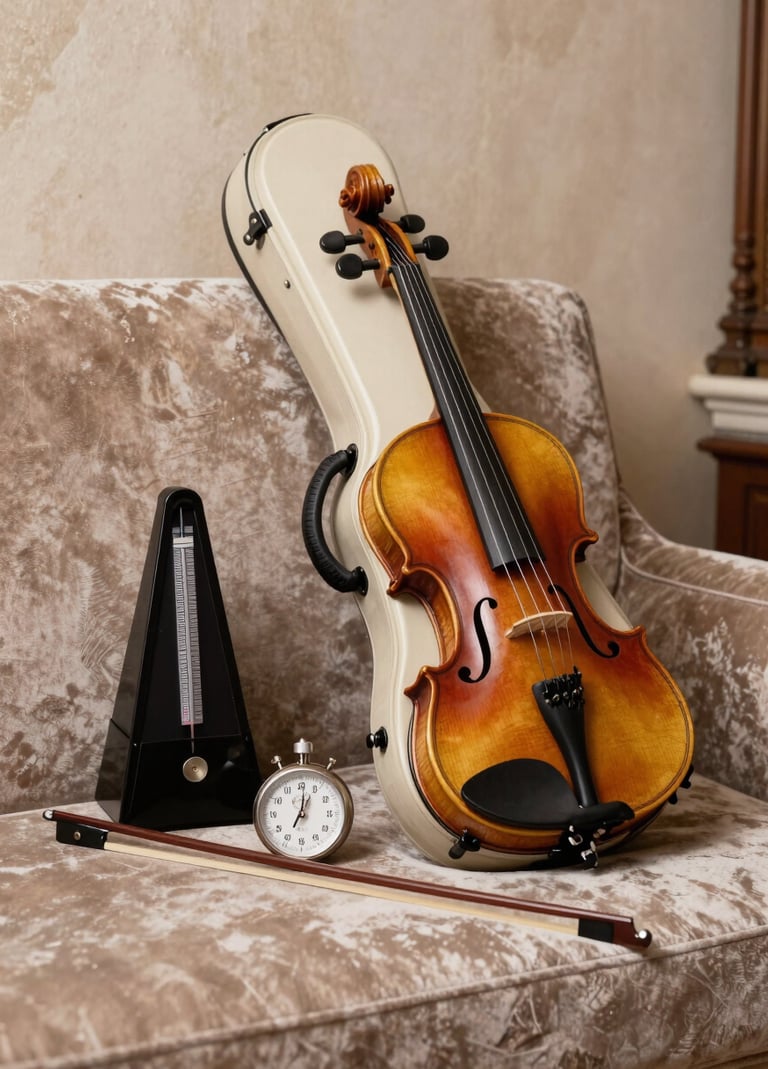 Still life of a violin case, a bow, and a metronome on a velvet surface in a Southern European / Spanish music room. Soft almond off-white and warm stone taupe colors. Refined and professional setting.