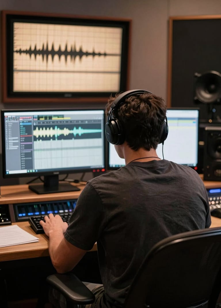 A music producer seen from behind, sitting in a dimly lit studio booth. Multiple computer monitors glow with warm beige audio waveforms. Dark mahogany and terracotta accents create a premium feel.