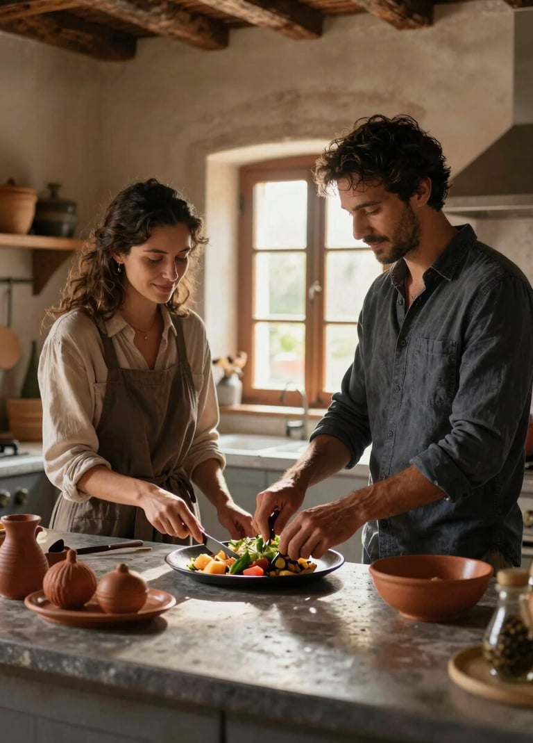 Lifestyle photography of a couple preparing a meal in a rustic Spanish kitchen, light streaming through a window, authentic and warm atmosphere, charcoal and terracotta accents.