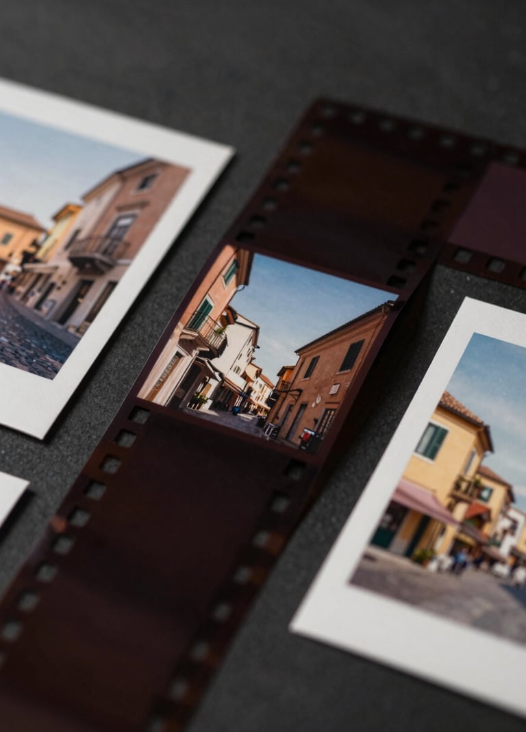 An artistic flat lay of several film strips and printed photographs on a dark #262626 surface. The photos show snippets of Italian life. The lighting is sophisticated, casting gentle shadows across the #C4B29A paper textures.