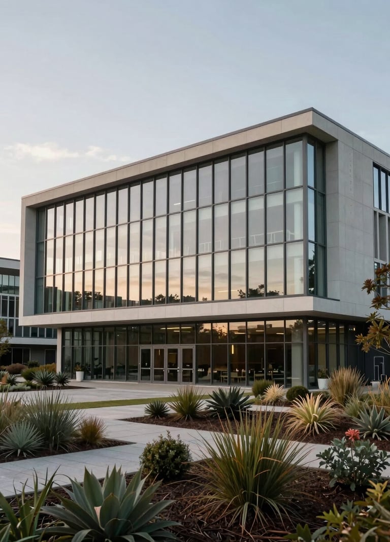 An exterior view of a research 'Living Lab' building at a university campus. The architecture is clean and modern, featuring generous glass surfaces reflecting a muted sky. Surrounded by native ecological landscaping.