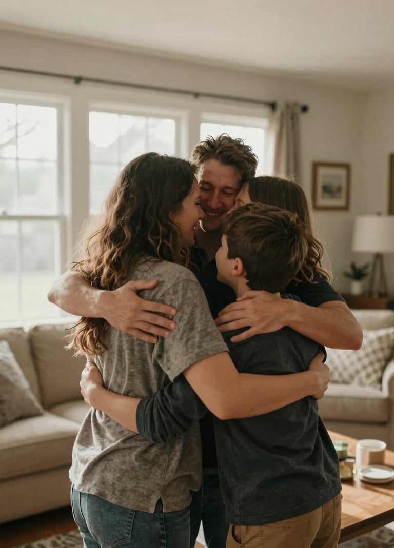 A candid cinematic photo of a family group hug in a North American / US living room, warm natural light streaming through large windows, authentic emotion, soft sand and charcoal tones.