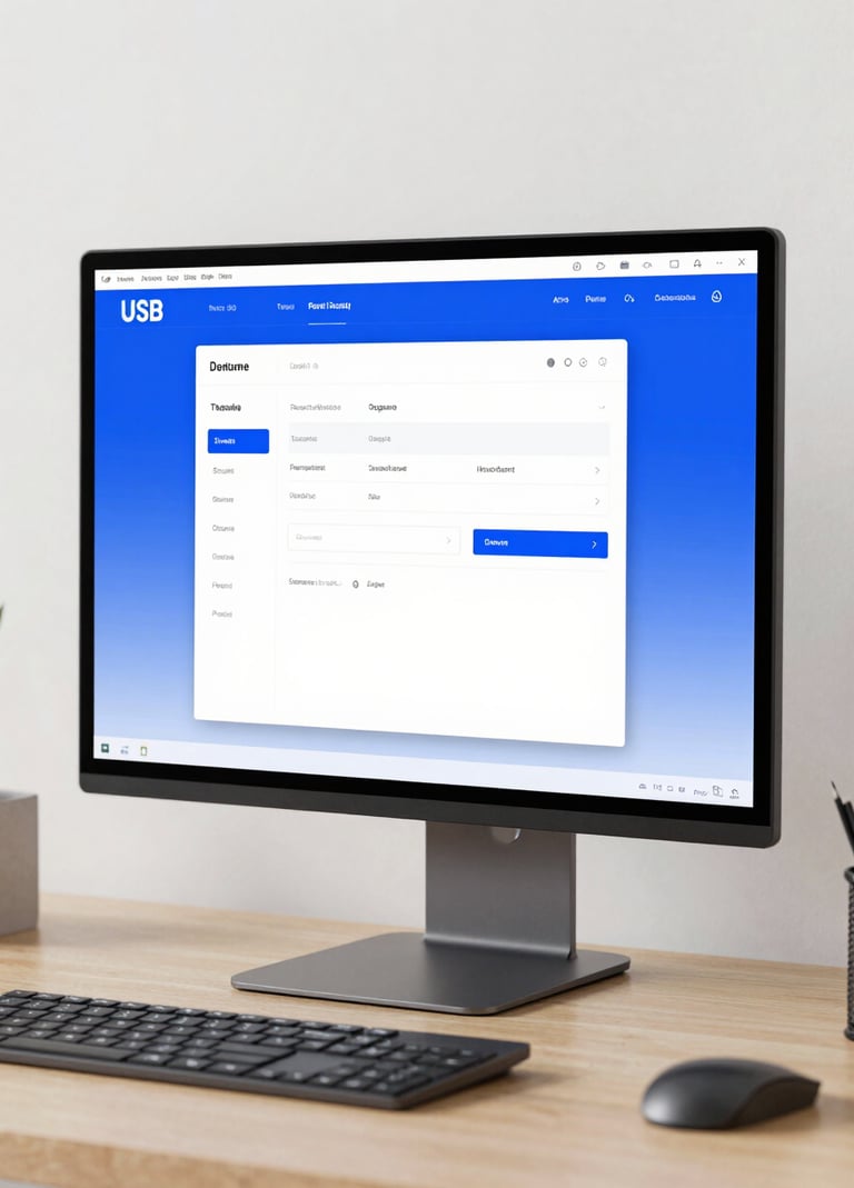Clean and minimalist close-up photography of a professional workstation in a bright North American / US design studio, featuring a single sleek monitor displaying a sophisticated user interface with royal blue accents against a soft off-white background.
