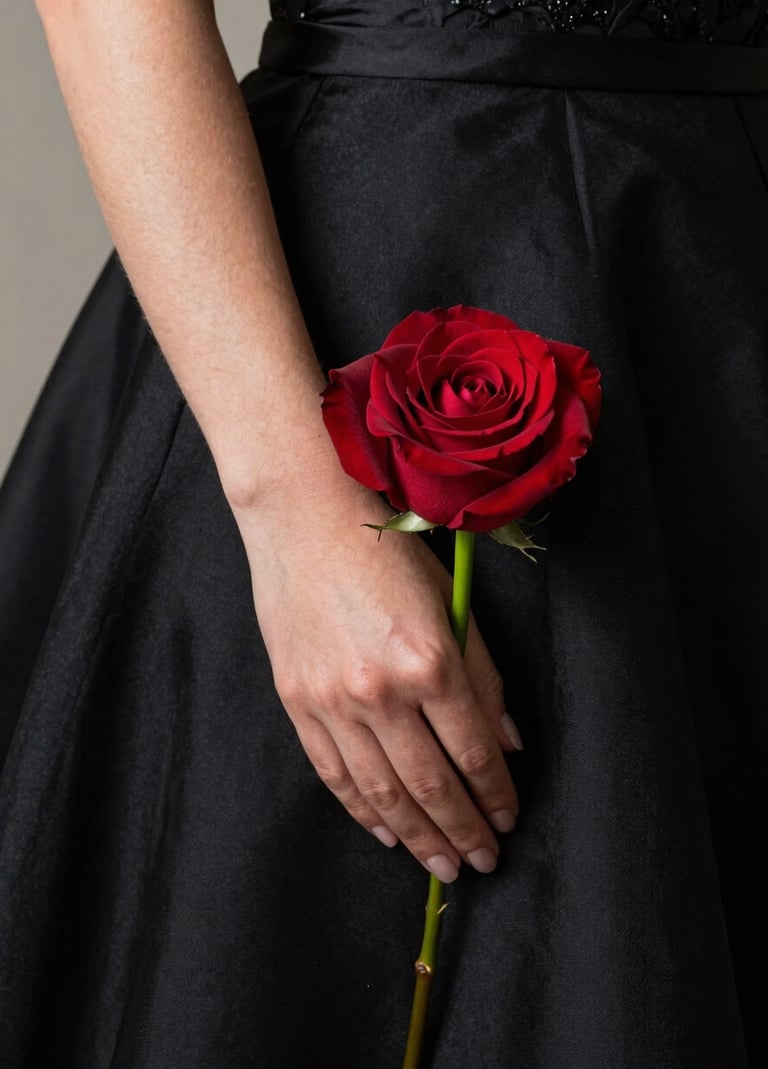 A close-up photograph of a bride's hand holding a single deep red rose against the dark fabric of a black wedding dress, North American / US style, sharp focus, high contrast lighting.