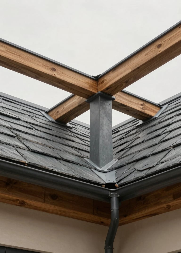 Detail of the roof structure showing innovative spatial solutions for natural ventilation. Clean lines of slate gray steel and wooden beams against a soft off-white ceiling.