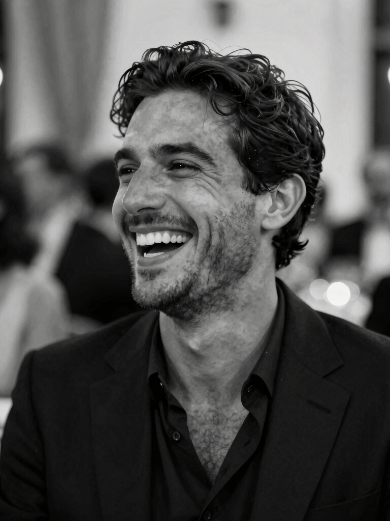 A candid black and white portrait of a guest laughing at a sophisticated evening event. High contrast, sharp detail, and emotive storytelling. The background shows soft, blurred bokeh from party lights. Elegant Southern European / Spanish setting.