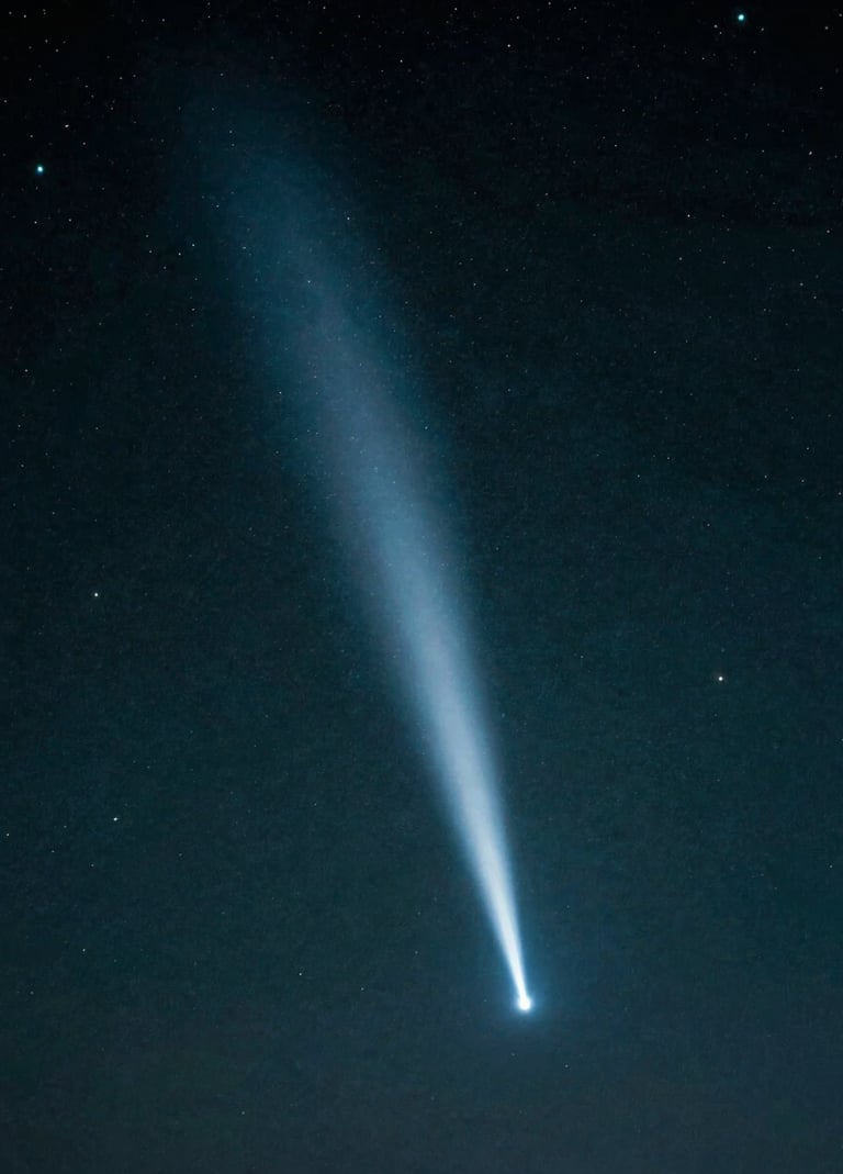 A high-contrast night sky photograph of a comet with a brilliant tail, referencing the iconic 1986 Halley's comet shot, with Deep Teal and Pearl White celestial tones.