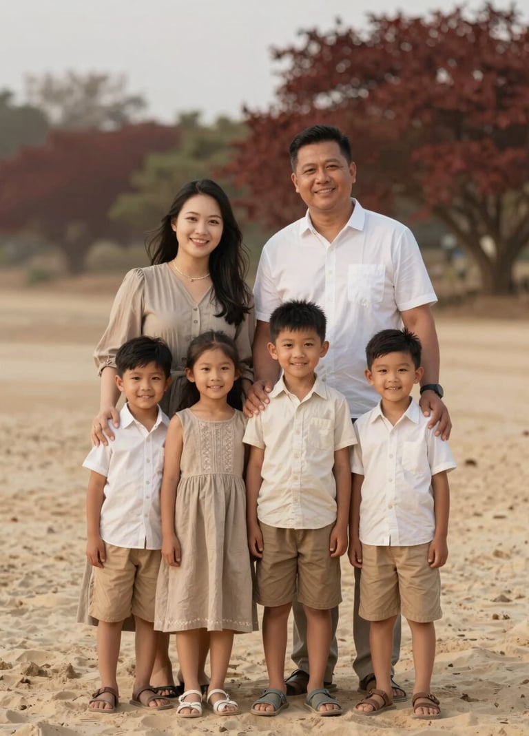 A vertical portrait of the entire family looking towards the camera with genuine smiles. The setting is a rustic landscape with #F8F0E3 sand tones and deep #8C4E40 foliage.