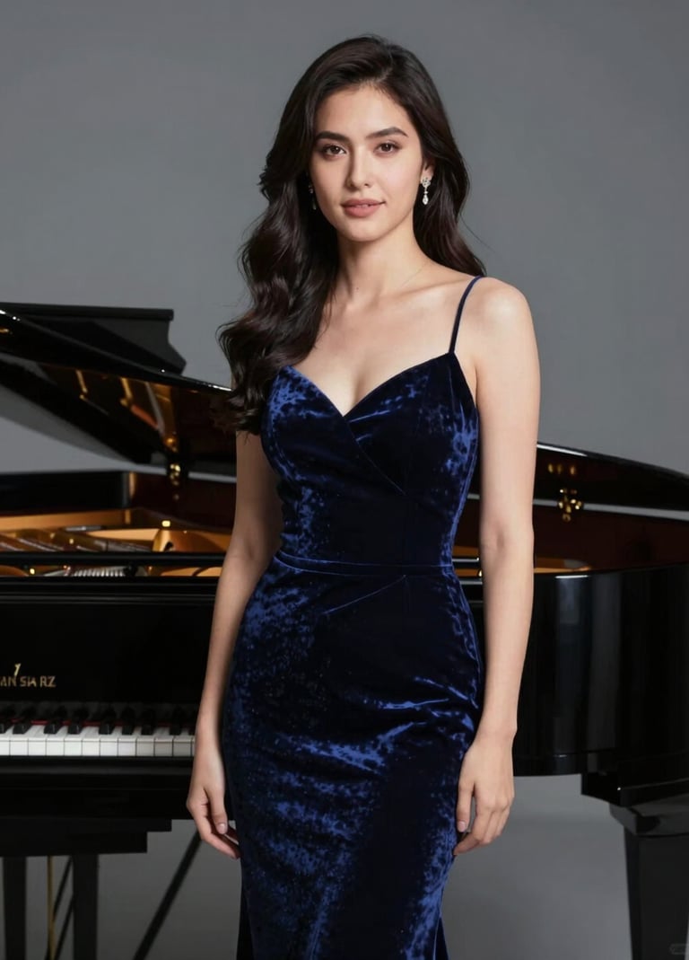 A refined, professional portrait of Maylin Cruz in a deep navy velvet gown, standing beside a grand piano. Sophisticated studio lighting creates a timeless, classical look with a color palette of #2B2D42 and #F5F0EC.