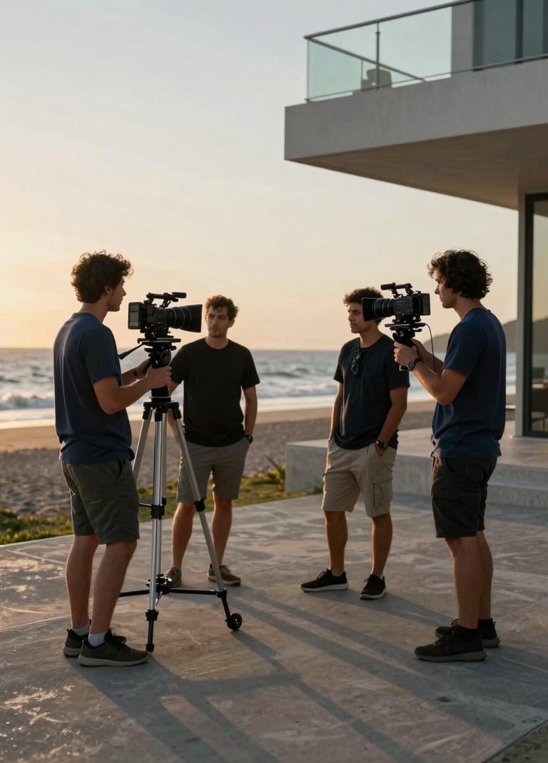 A professional video production crew filming on location in a modern South American coastal setting, sunset lighting casting long shadows, cinematic composition, navy and charcoal tones.