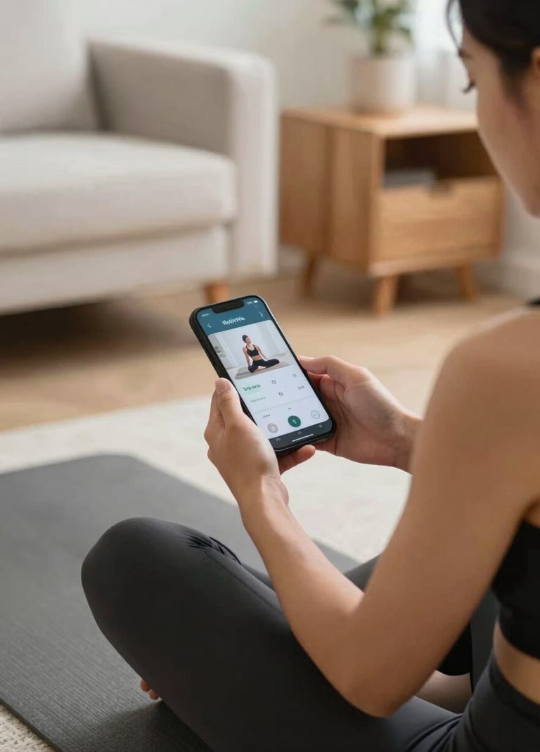 A high-quality lifestyle photograph of a person checking a workout app on their phone while sitting on a yoga mat. The setting is a modern, clean living room with off-white furniture and natural wood accents.