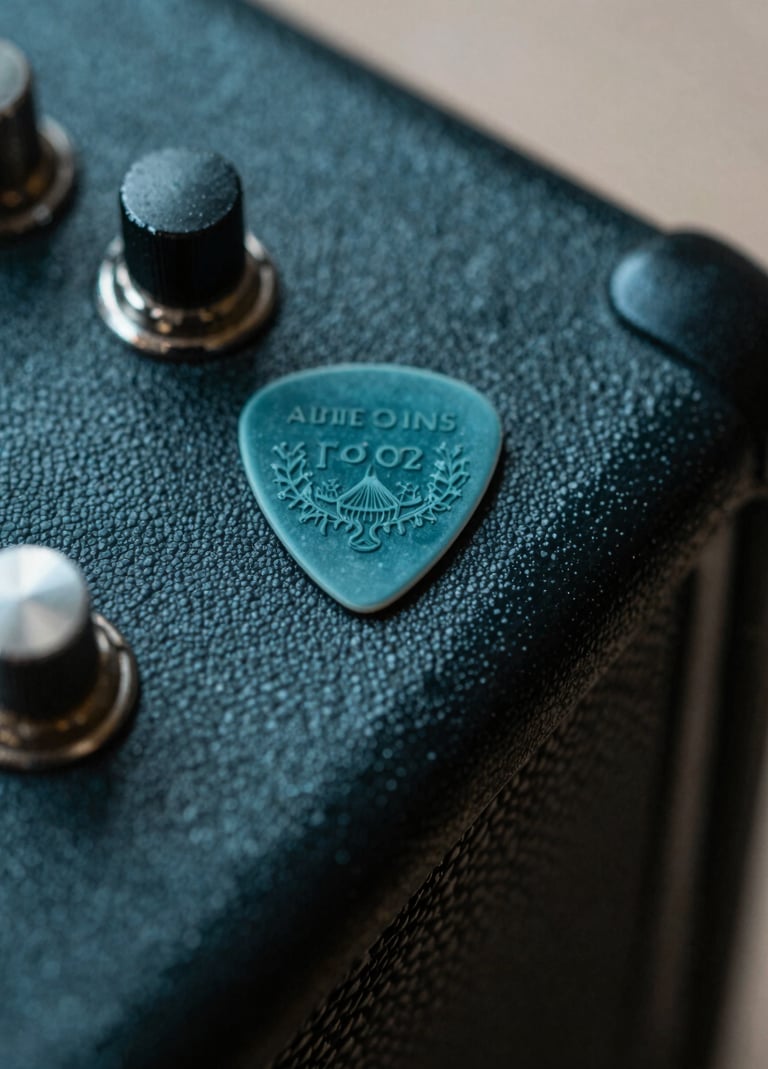 Close-up photography of a guitar pick resting on a dark amplifier, deep sea teal highlights on the metallic edges, soft mist off-white ambient lighting, shallow depth of field.