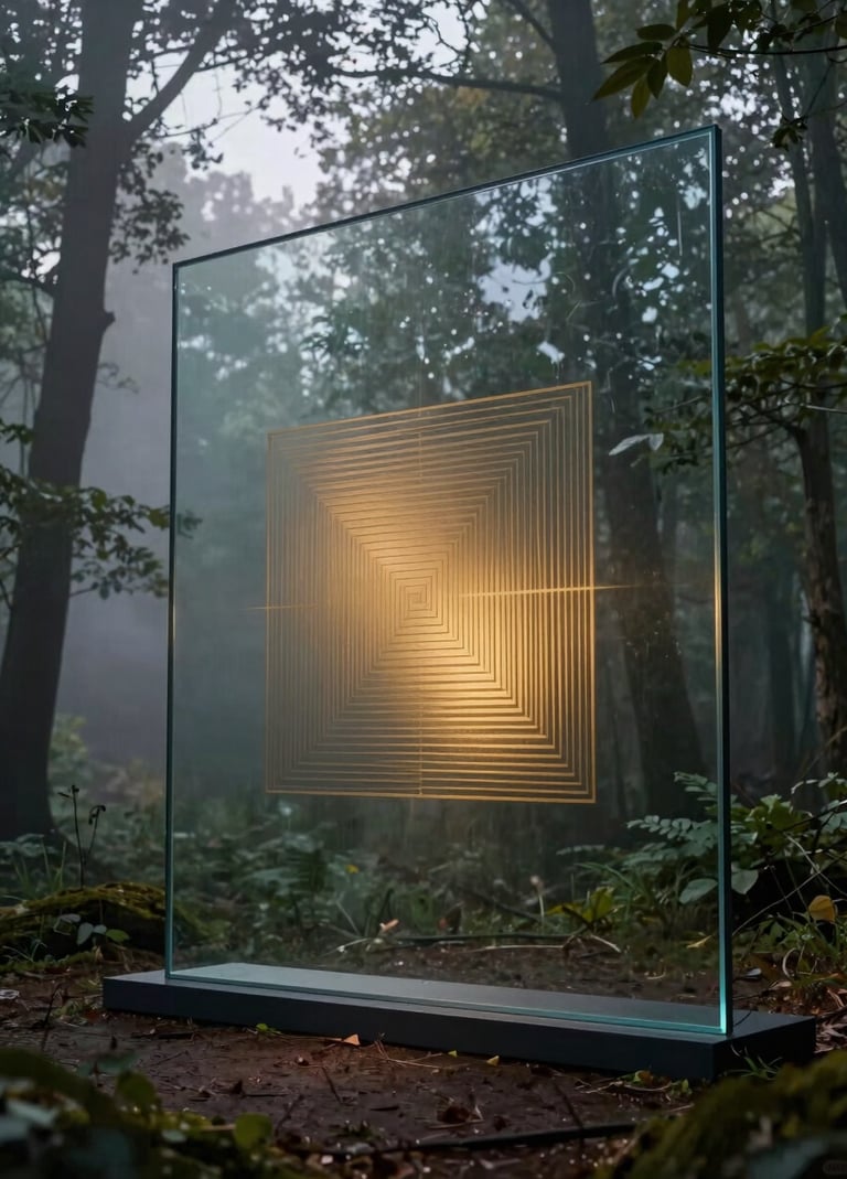 A high-end photography shot of an outdoor art installation. A large, transparent glass screen is placed in a misty forest at twilight, reflecting the surrounding trees while displaying a subtle, glowing Burnished Gold geometric pattern that seems to float in the air. The lighting is soft and ethereal.