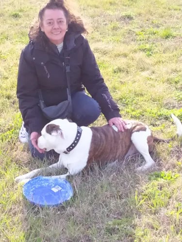 a woman in a black jacket and a dog in a field