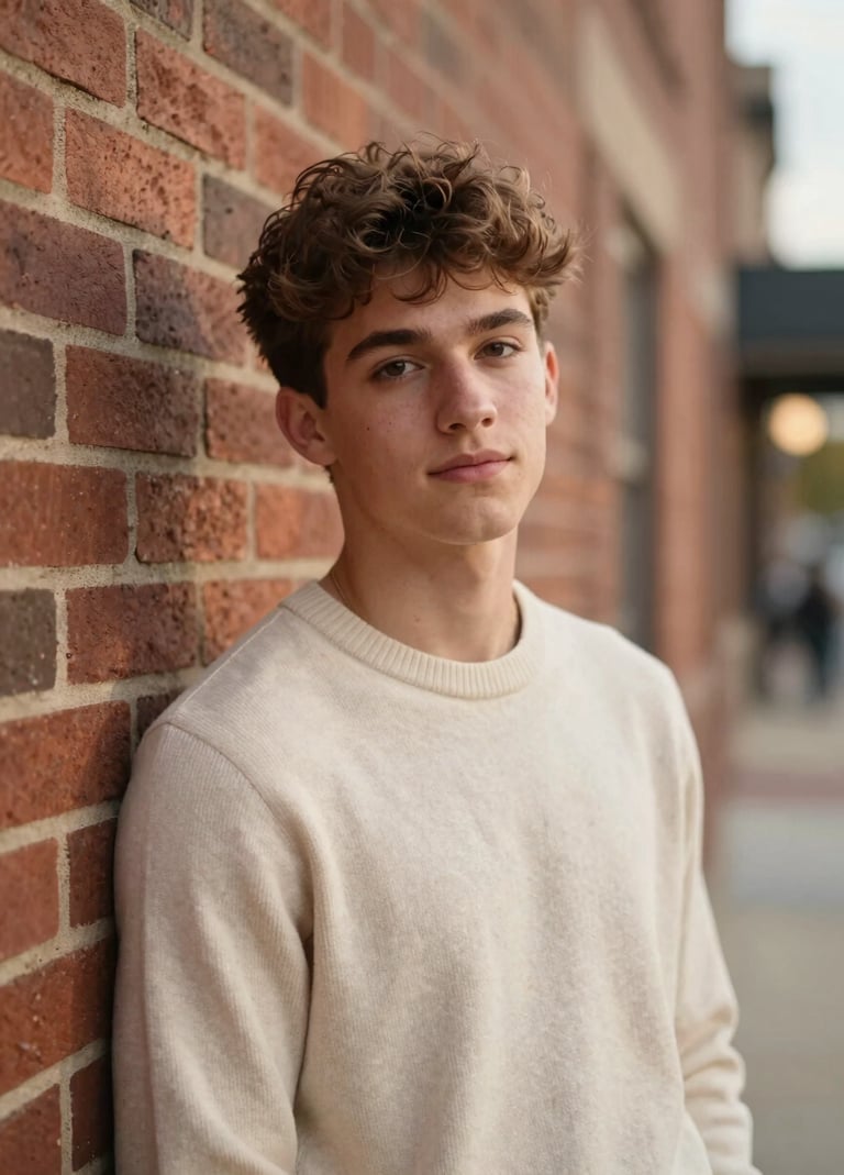 A close-up portrait of a male high school senior leaning against a classic brick wall in a North American town, wearing a warm cream colored sweater, soft golden hour lighting, timeless and sophisticated photography style.