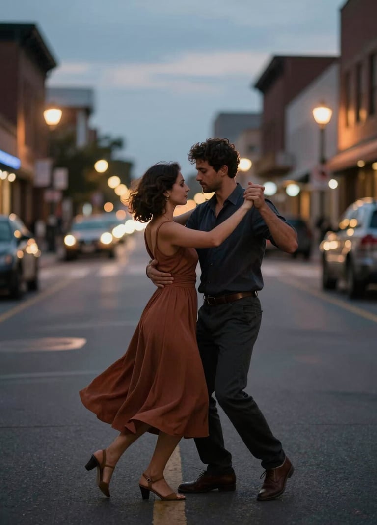 A couple dancing in a North American / US urban street at dusk, cinematic bokeh, warm glowing streetlights, dark charcoal and earthy terracotta accents in their attire.