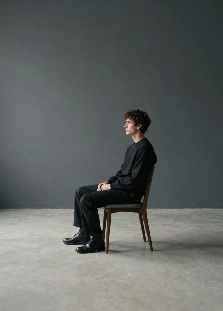 A minimalist composition of a subject sitting in a chair, surrounded by vast empty space. The palette is dominated by dark slate grey and soft off-white light.