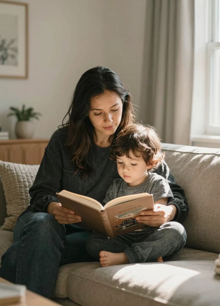 A quiet, cinematic indoor portrait of a parent and young child reading together in a light-filled North American / US living room. Soft morning light creates a peaceful mood. The decor features Charcoal and Soft Sand textures with a warm, authentic atmosphere.