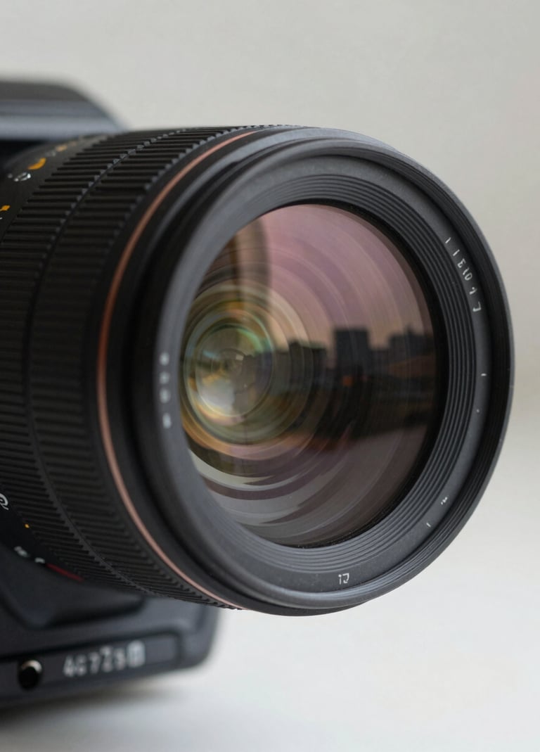 A close-up shot of a professional camera lens. Reflected in the glass of the lens is a soft sage and charcoal urban silhouette. The background is a blurred pale mist studio environment.