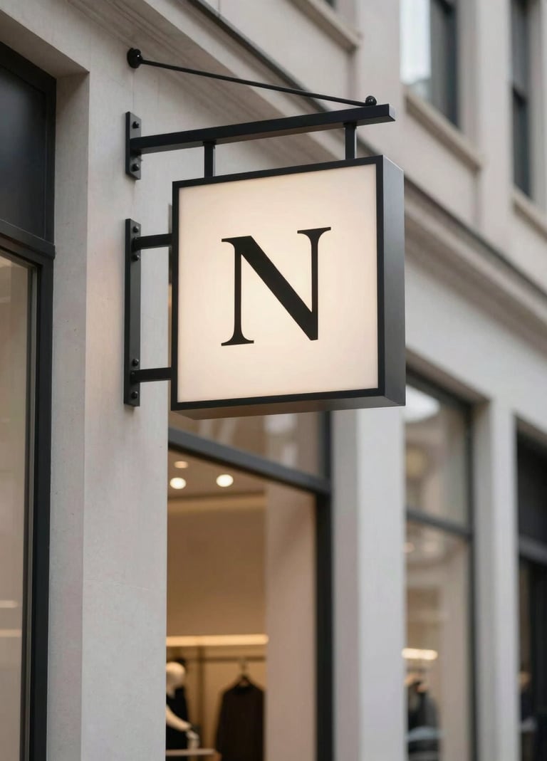The exterior of a modern International / Western boutique store during the day, with a minimalist hanging sign displaying a professional logo, clean architecture and sophisticated street presence.