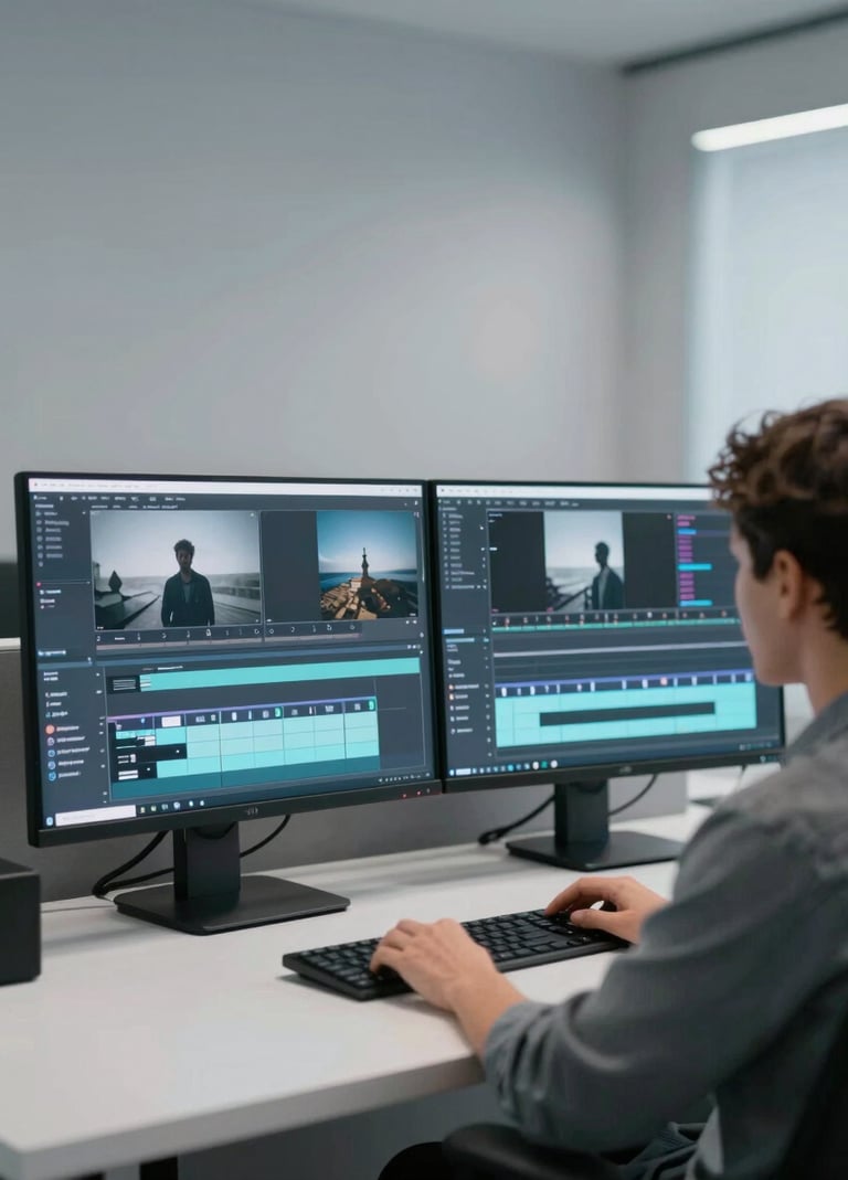 A modern post-production video editing suite. A person is seen from the back, working on dual high-resolution monitors showing video timelines. The room has minimalist grey walls and sleek lighting featuring #4A6075 and #EAF0F5 tones.