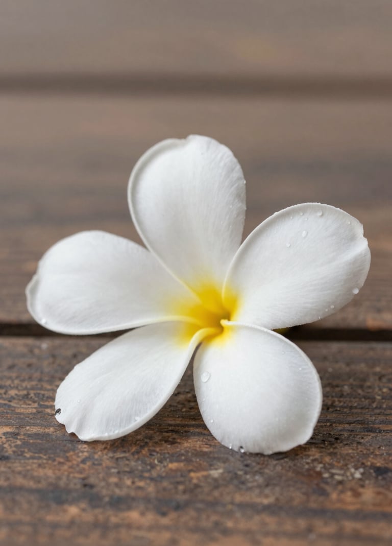 A close-up, minimalist shot of a white frangipani flower resting on weathered wood, capturing the delicate textures and natural beauty of Bali. Lighting is soft and natural. Palette includes #F8F5EF and #7B6654.