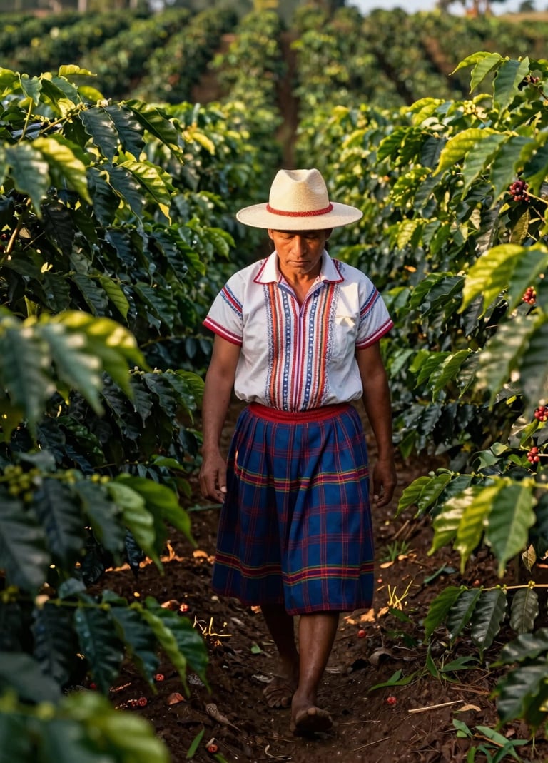 Medium shot of a person in South American traditional agricultural attire walking between rows of lush green coffee plants. The lighting is golden hour, warm and sophisticated, emphasizing the texture of the leaves and the rich dark brown soil.