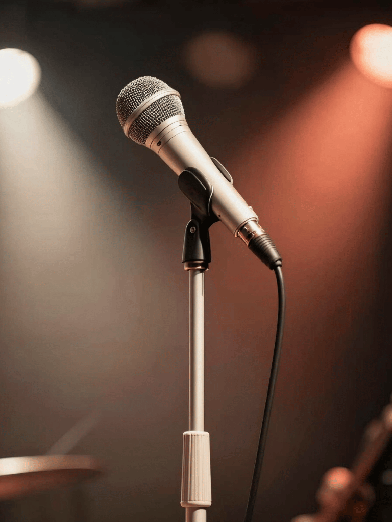 A sophisticated lifestyle photograph of a professional microphone stand on a dimly lit stage, warm spotlights creating a soulful atmosphere, South American / Venezuelan music club setting. Palette colors used: Off-white and Coral.