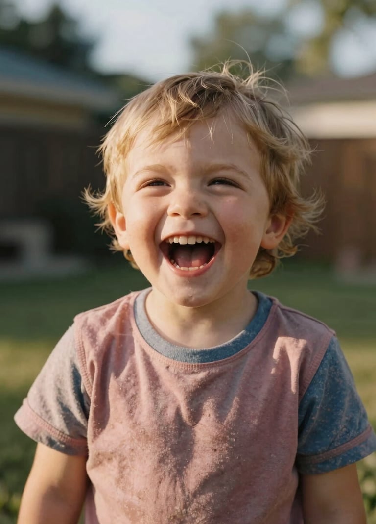 A candid portrait of a young child laughing heartily in a sunny North American / US backyard. The lighting is warm and golden, highlighting dusty rose and muted blue clothing. Professional shallow depth of field with a soft background.