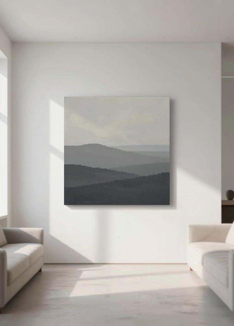 A wide, contemplative interior shot of a minimalist living room featuring the finished 'Eternal Silence' painting on a white wall. Soft morning light enters through a window, casting long shadows. The palette uses #C8C0B2 and #F9F8F7 tones in the furniture to complement the art.