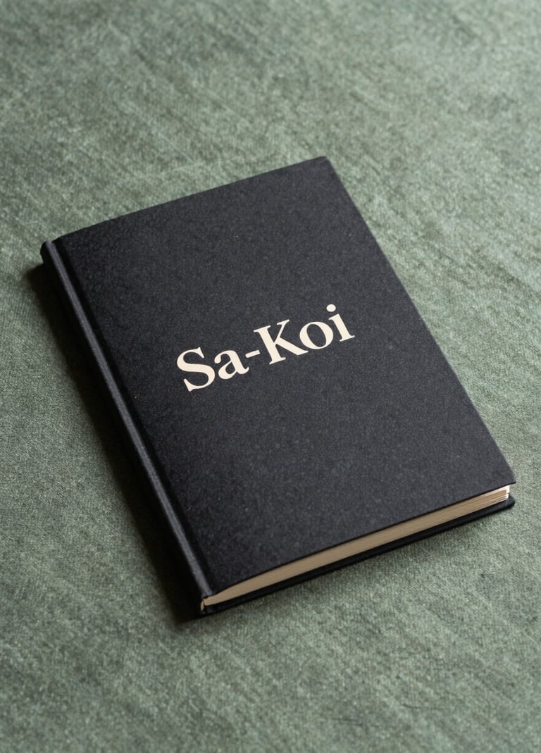 A luxurious flat-lay of the Sa-Koi brand book, featuring a charcoal black cover with an ivory foil logo, resting on a sage green textile background in an East Asian / South Asian influenced for a global luxury audience gallery.