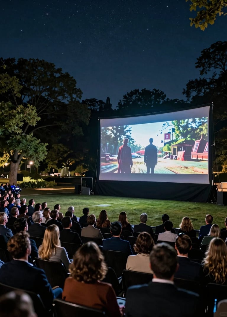 A crisp, professional photograph of an outdoor film screening event in a leafy North American park at night. A large, high-definition screen glows with a cinematic scene, surrounded by a sophisticated crowd under a clear starry sky, captured with a wide-angle lens.