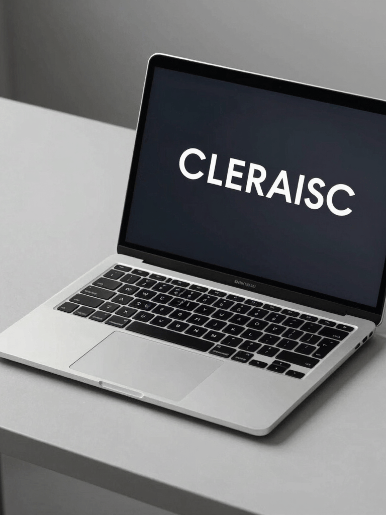 Professional photography of a high-end laptop on a minimalist light grey desk showing a clean, modern design portfolio with sophisticated typography.