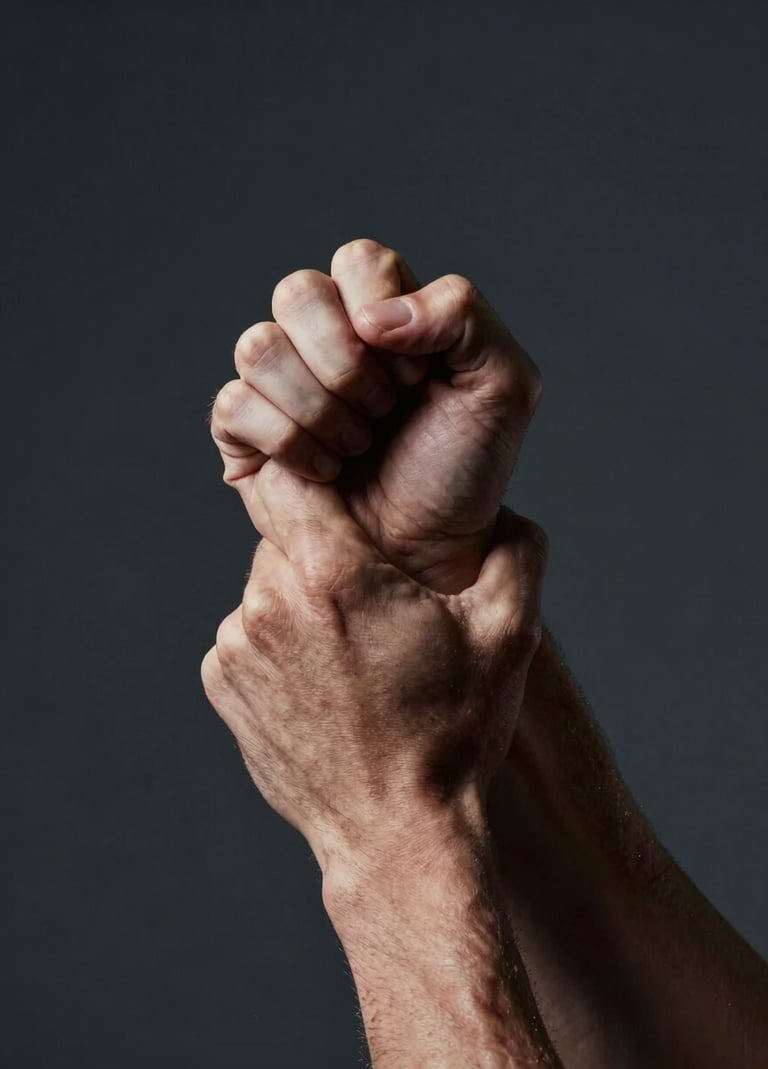 A minimalist, low-key photograph of a professional athlete's hands gripped tightly, showing skin texture and veins under dramatic lighting, charcoal background, premium editorial photography style, Northern European / Dutch athlete context.
