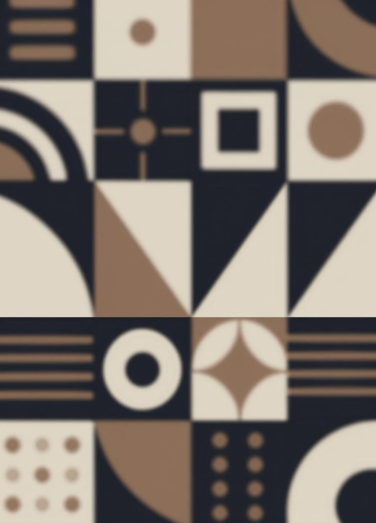 A sleek, premium promotional layout with abstract geometric shapes inspired by West African art patterns in #8D765D and #F5F5EB on a dark #0A0A0A background, conveying a high-end artistic vibe.