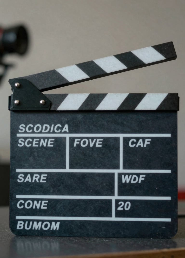 A close-up of a professional film slate in a North American studio, soft ambient charcoal and slate blue lighting, contemporary and professional atmosphere.