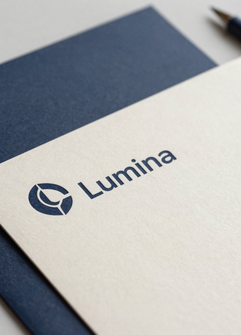 A sleek, close-up shot of professional stationery featuring the Lumina logo. The design uses #0D1B2A and #E0E1DD. The lighting is soft and architectural, emphasizing the high-quality paper texture.