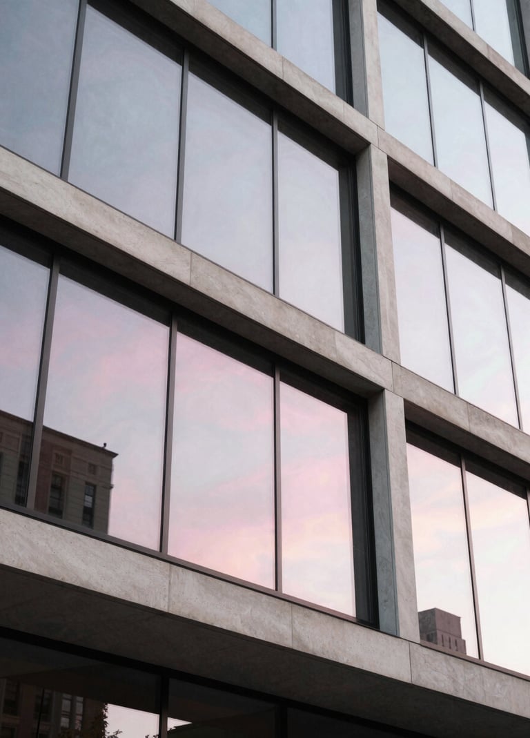Architectural photography of a modern building in a North American city, featuring clean geometric lines and large glass panels that reflect a soft pink and white sky. The composition is a sharp, low-angle shot emphasizing the Bauhaus-inspired structural precision.