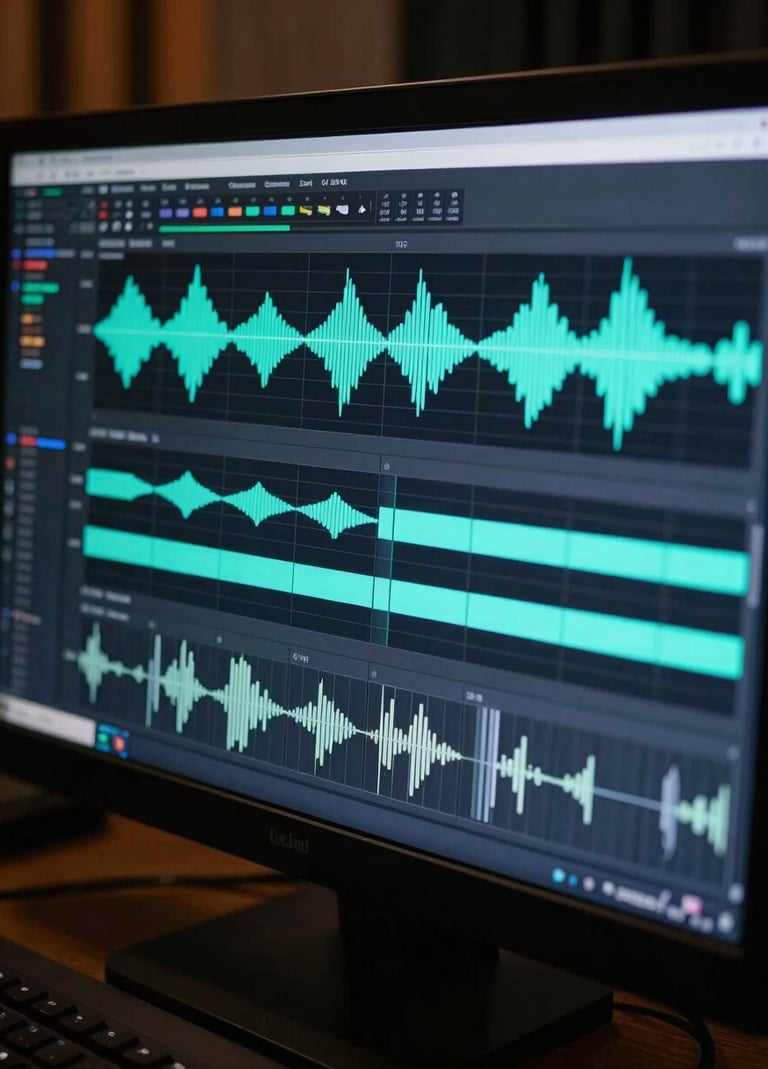 A close-up of a digital audio workstation screen showing complex waveforms and MIDI patterns in electric neon cyan light, in a professional South American / Colombian recording studio, cinematic lighting, dark charcoal shadows.