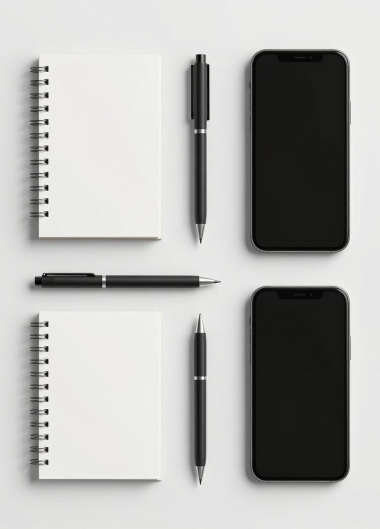 A clean, top-down flat lay of high-end stationery or a smartphone on a #F8F5F2 surface. The objects are aligned to a strict grid. The lighting is bright and even, conveying precision and modern professionalism.