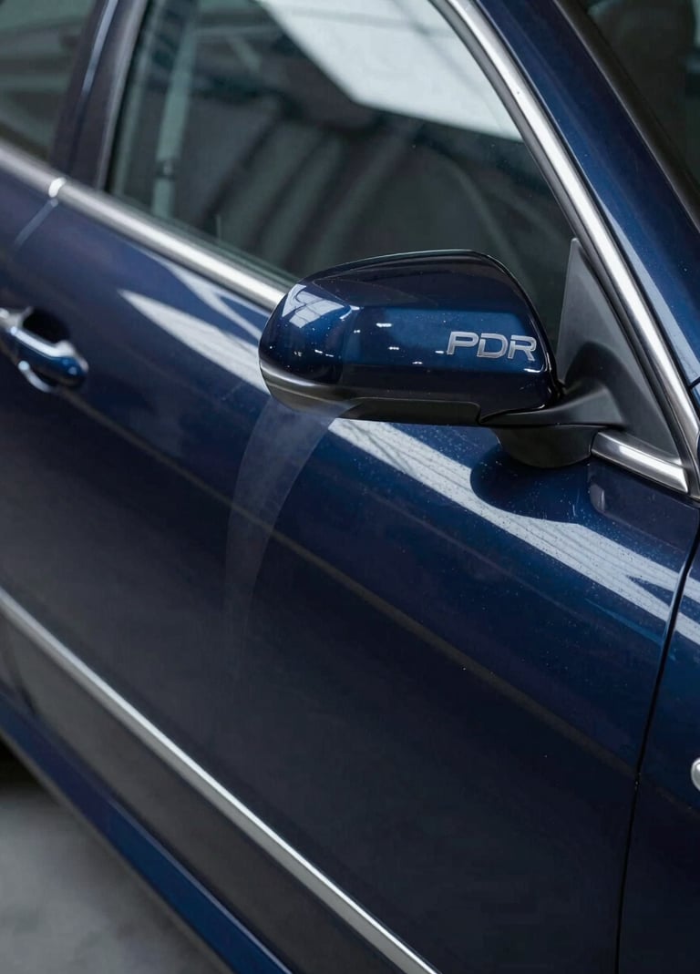 Close-up of a professional PDR line board reflecting perfectly straight lines on a restored car door, showcasing the quality of the repair. Lighting is focused and professional, highlighting a deep navy car surface #0A1E3C.